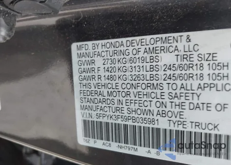 2023 Honda Ridgeline Rtl из США, поврежденный, VIN 5FPYK3F59PB035981